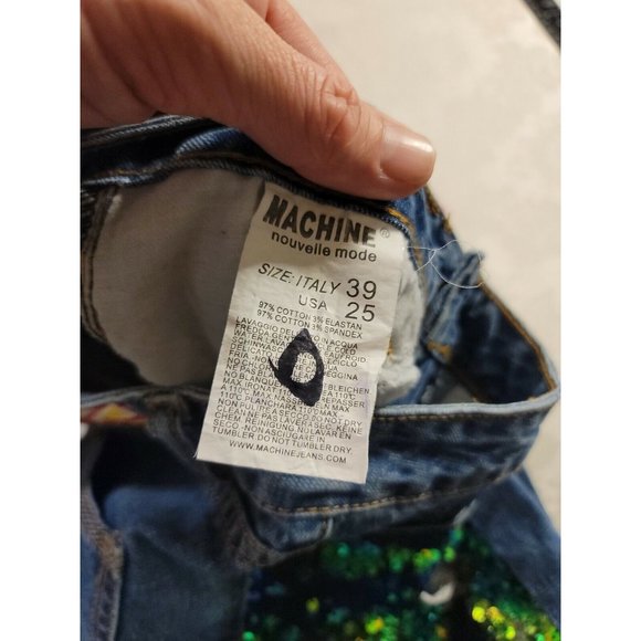 Machine Jeans Nouvelle Mode Straight Leg Distressed Sz 25 Green Sequins Italy 39 - Picture 7 of 8